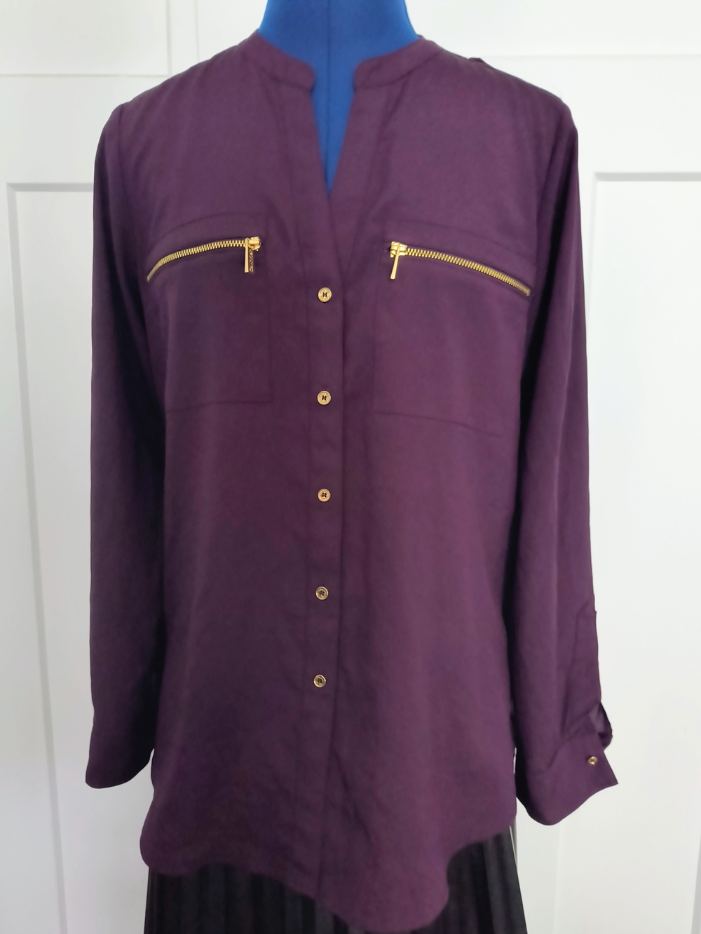 Calvin Klein Deep Plum Long-Sleeve Zip Pocket Blouse